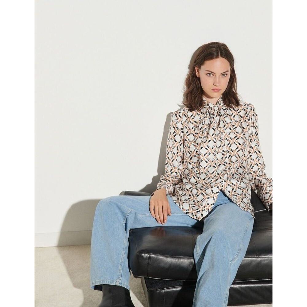 Sandro Paris Geo Printed Silk Twill Shirt Size 3
